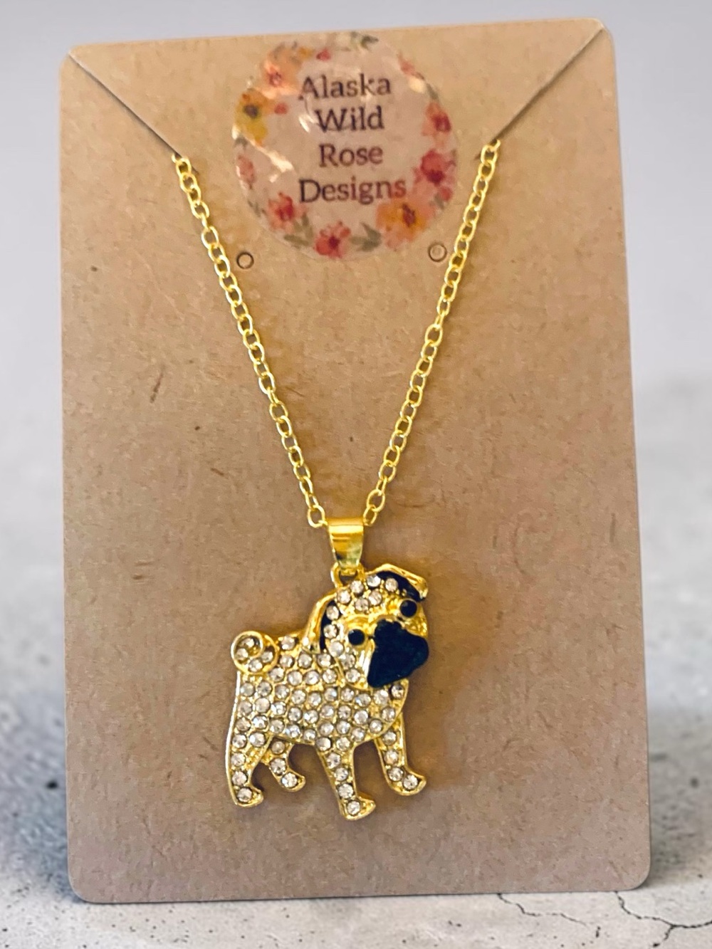 Gold Pug Dog Pendant Necklace - Gold/Black Handmade